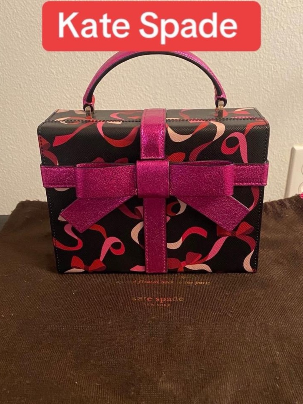 kate spade Black Box Top-Handle Mini Bag with Metallic Pink Bow